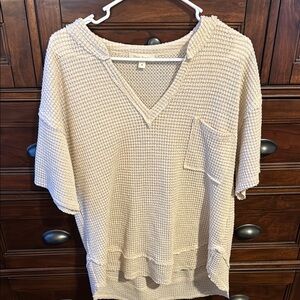 Cream Waffle Knit V-Neck Top